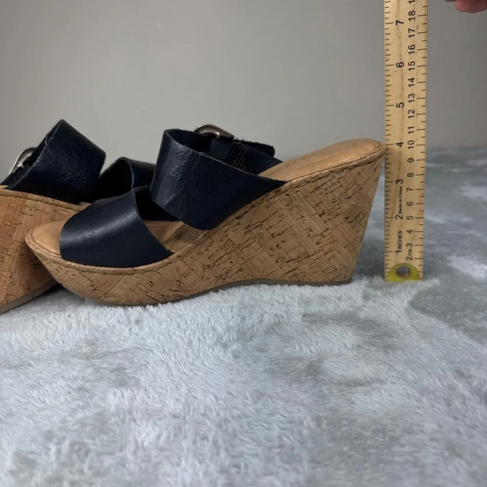 Born Black Leather Cork Wedge Slide Sandals Women's Size 10.5 Buckle Comfort